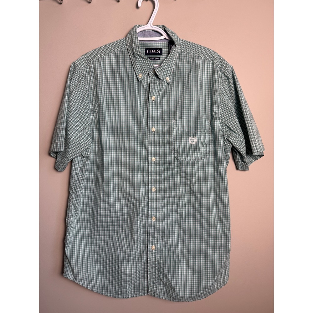 Chaps Mens Short Sleeve Button Down Shirt L Gingham Plaid Green Preppy Classic